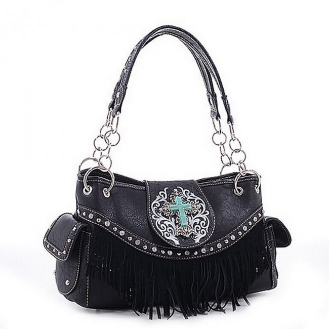 Cross Charm Western Style with Fringe Accent Tote Bag - Black - BG-MJ5302BK